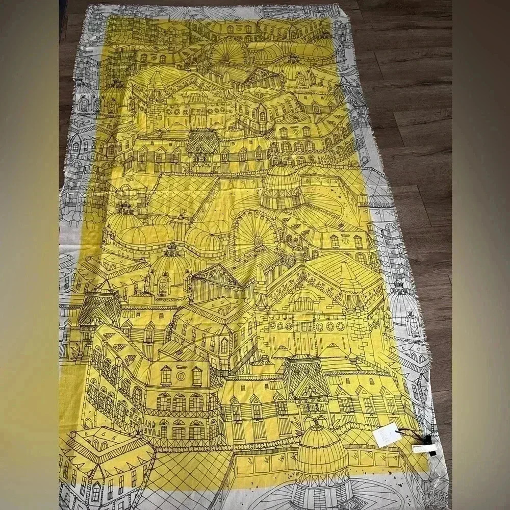 [42*72”]Galeries Lafayette City Scene Modal Scarf-  Fringed trim - Picture 2 of 5